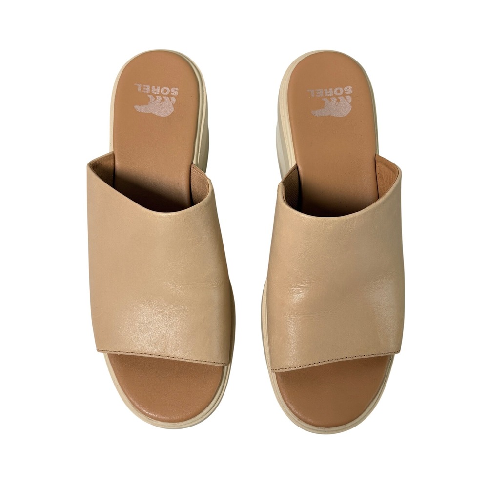 Sorel Joanie Heel Slide Sandal Size 8.5 Tan Leather Platform Open Toe Block Heel